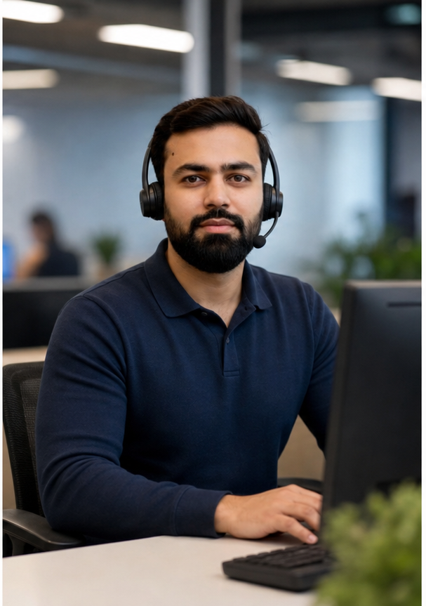 Tauseef working in a support-oriented office setup