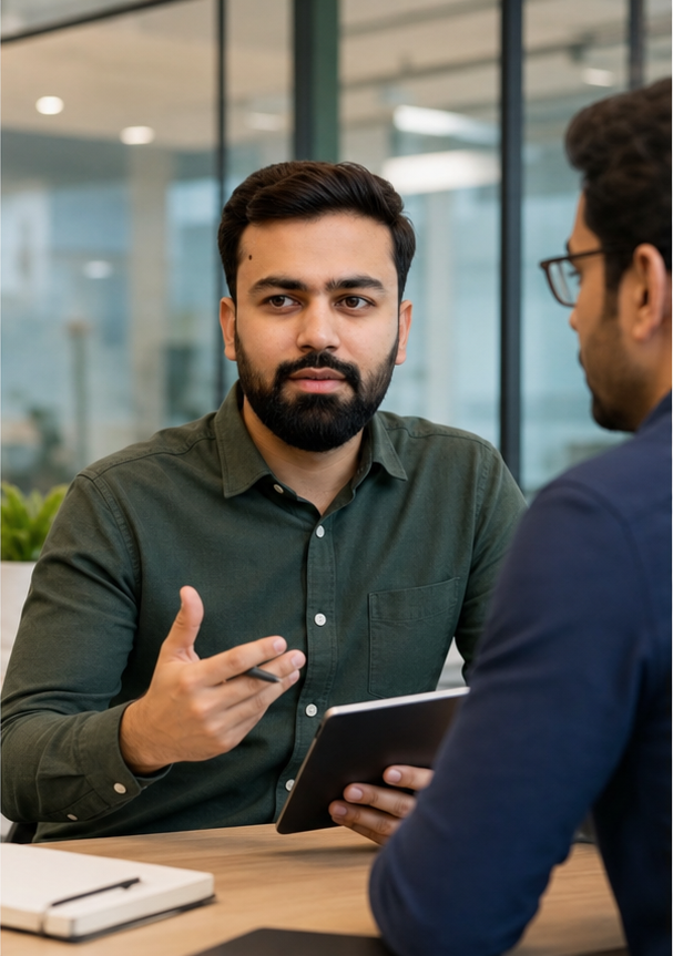 Tauseef discussing product decisions in a collaborative office meeting