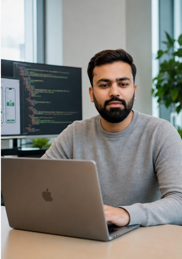 Tauseef building Flutter products while seated at a laptop in an office
